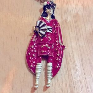 Japanese geisha girl red coat dress  fan enamel
